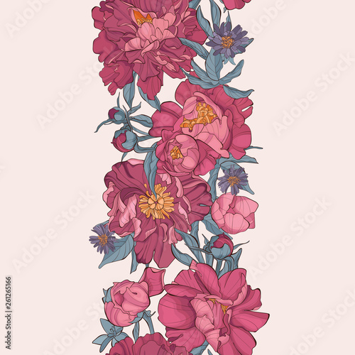 Vector seamless vertical border with peony flowers . Peonies flowers pattern. 