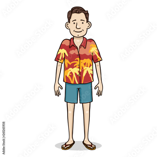 Vector Cartoon Color Character - Young Man in Hawaiian Shirt and Blue Shorts