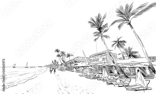 Philippines. Beautiful tropical island. Resort. Sandy beaches with palms. Hand drawn sketch. Vector illustration.