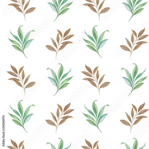 Seamless watercolor leaves. Hand painted leaves of different colors on a white background. Leaves for design.