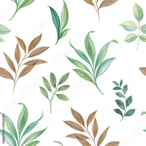 Seamless watercolor leaves. Hand painted leaves of different colors on a white background. Leaves for design.