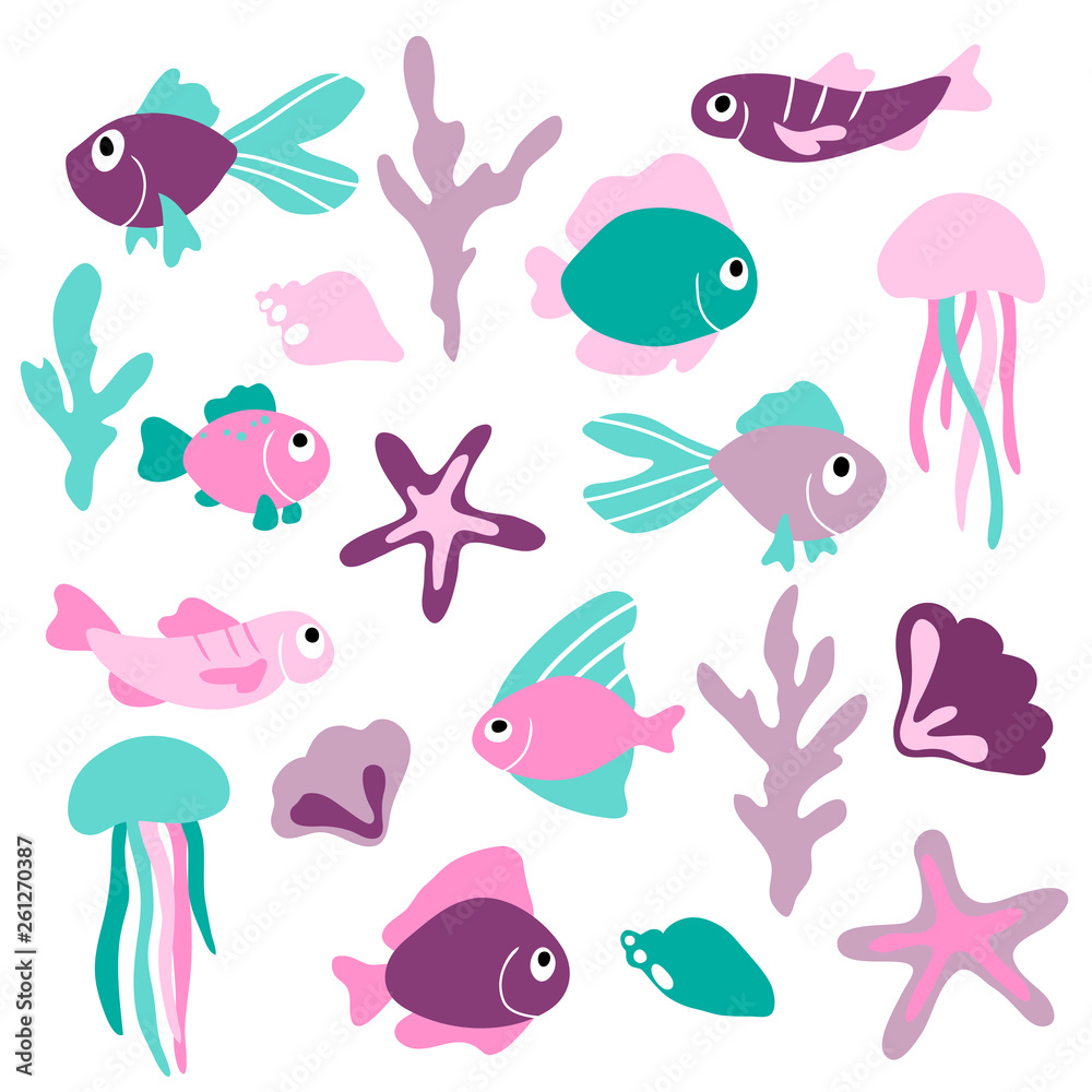 vector sea fish plant starfish jellyfish seaweed cute childish illustration on white