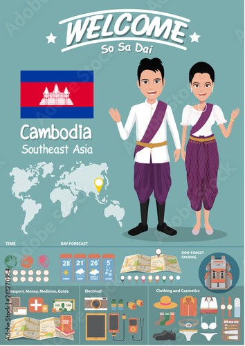 Vector colorful, Asian men and women in traditional costume with traveling infographics. 