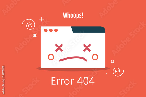 Vector illustration of 404 error & page error found concept with whoops sign. Flat style design