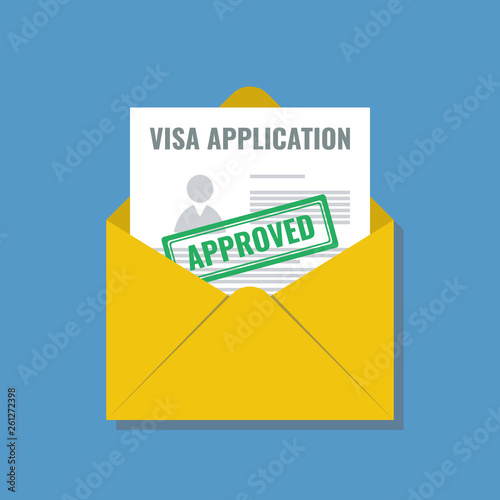 approved visa application in opened envelope, flat design