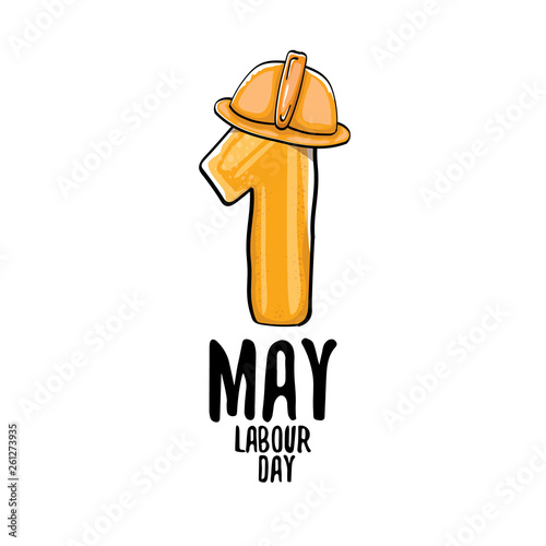 Cartoon Happy labour day vector label isolated on white. vector happy labor day background or banner with engineer helmet, hummer and wrench. workers may day poster