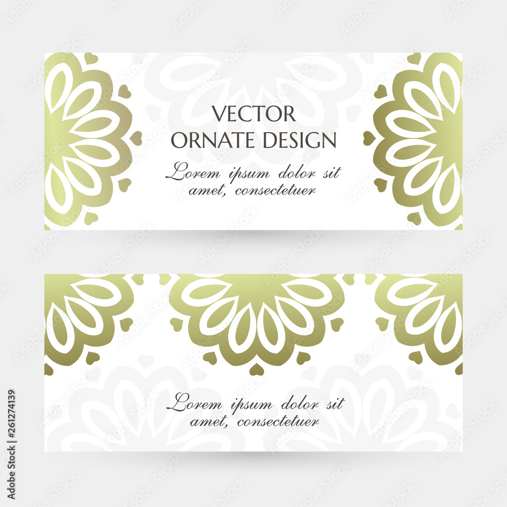 Bronze floral motif. Elegant horizontal flayers with ornaments on the white background. Vector design with decoration elements and copy space for wedding invitation, anniversary banners and other.