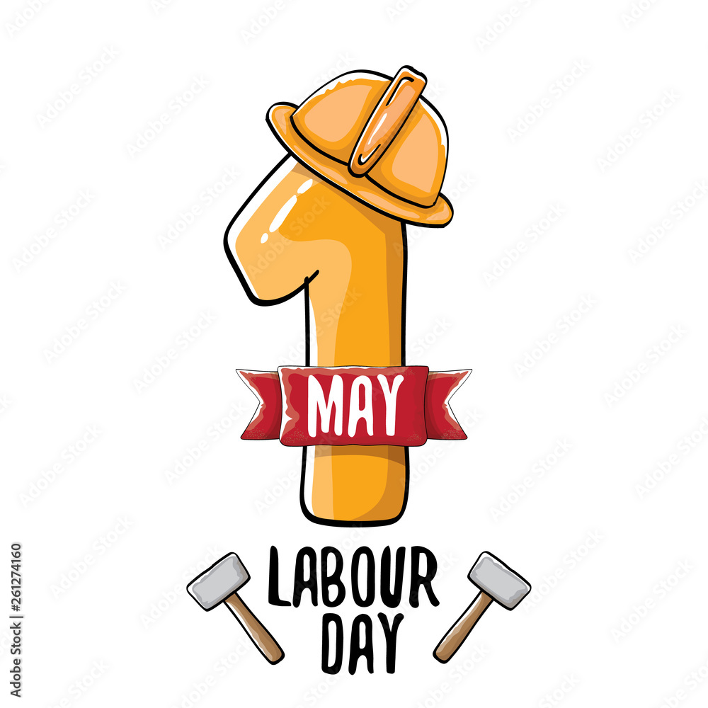 Cartoon Happy labour day vector label isolated on white. vector happy labor  day background or banner with engineer helmet, hummer and wrench. workers  may day poster Stock Vector | Adobe Stock