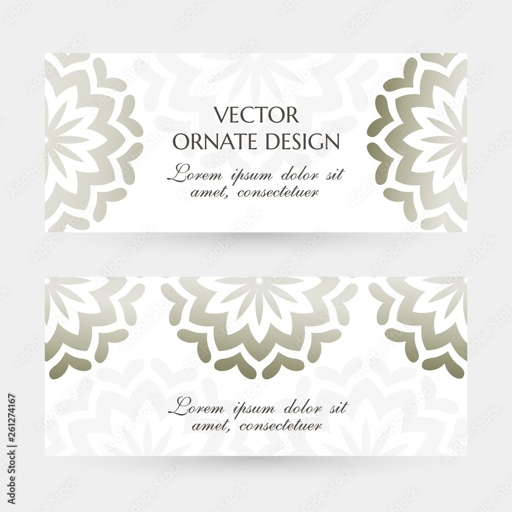 Silver floral motif. Elegant horizontal flayers with ornaments on the white background. Vector design with decoration elements and copy space for wedding invitation, anniversary banners and other.