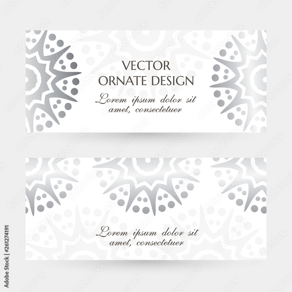Silver star shape motif. Elegant horizontal flayers with ornaments on the white background. Vector design with decoration elements and copy space for wedding invitation, anniversary banners and other.