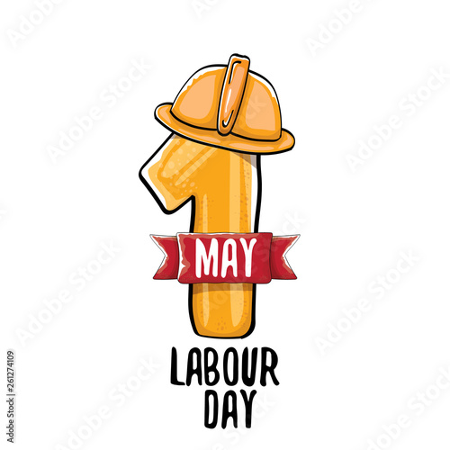 Cartoon Happy labour day vector label isolated on white. vector happy labor day background or banner with engineer helmet, hummer and wrench. workers may day poster