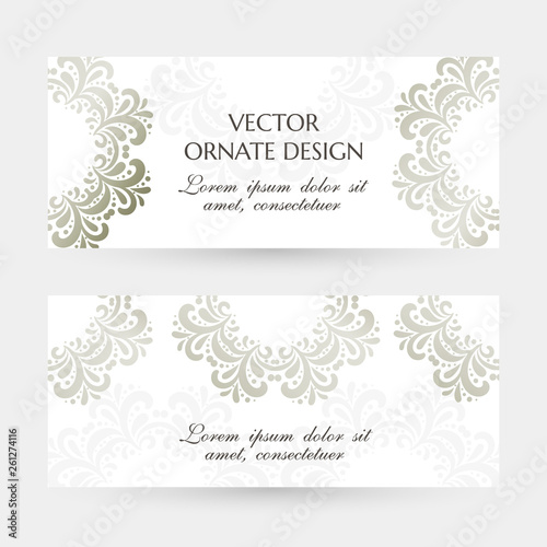 Silver ring in classical style. Elegant horizontal flayers with ornaments on the white background. Vector design with decoration elements and copy space for wedding invitation, anniversary banners