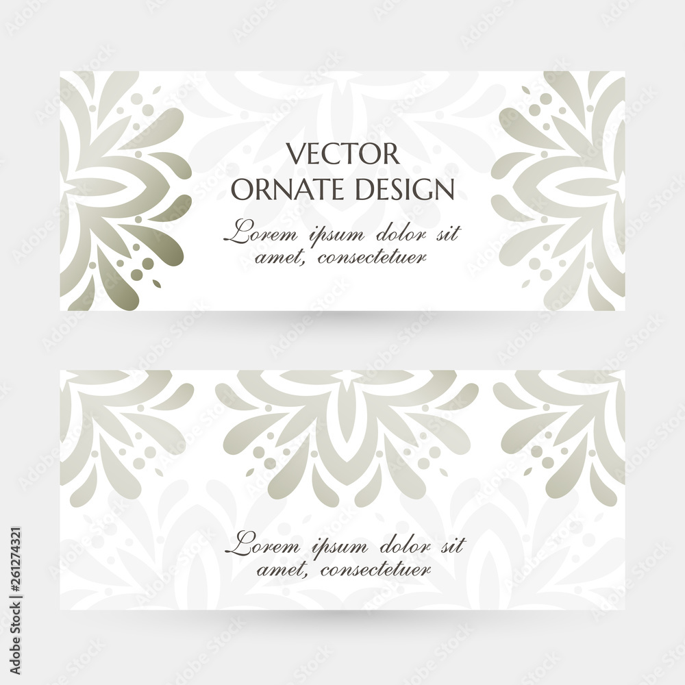 Silver floral elegant motif. Elegant horizontal flayers with ornaments on the white background. Vector design with decoration elements and copy space for wedding invitation, anniversary banners 