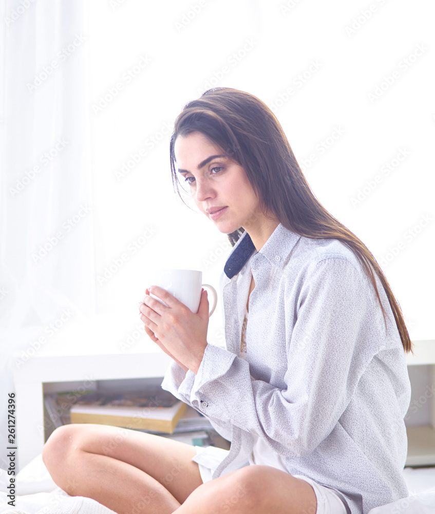 Young beautiful happy brunette woman in black silk dressing gow Young beautiful happy brunette woman in black silk dressing gow