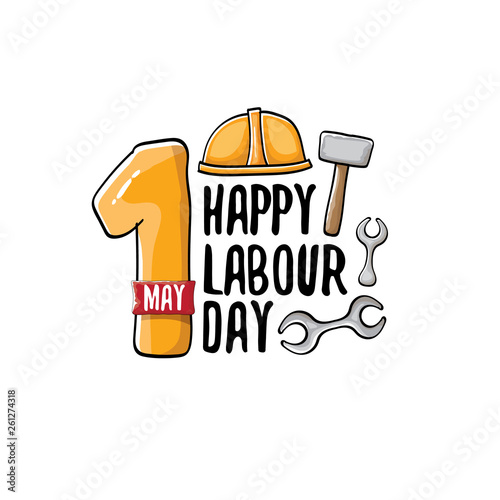 Cartoon Happy labour day vector label isolated on white. vector happy labor day background or banner with engineer helmet, hummer and wrench. workers may day poster