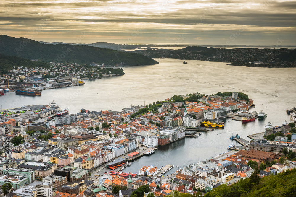 Aeral view of colorful city Bergen, Norway