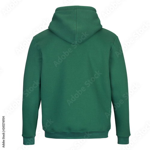 Back of green sweatshirt with hood isolated on white background 