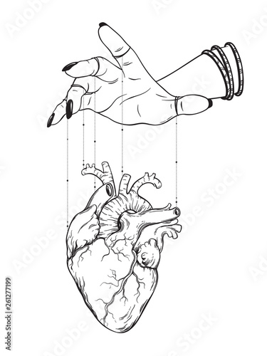 Puppet masters hand controls human heart isolated. Sticker, print or  blackwork tattoo hand drawn vector illustration. Stock Vector | Adobe Stock