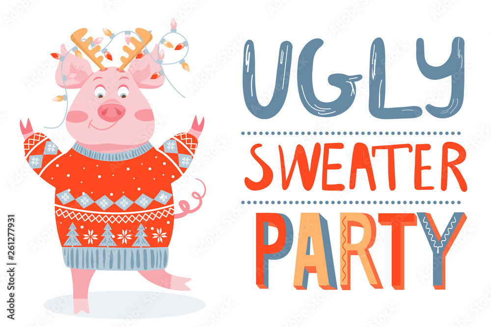 Fototapeta premium Christmas and Happy New Year greeting card on ugly sweater party. Illustration with happy pig in sweaters. Vector illustration.