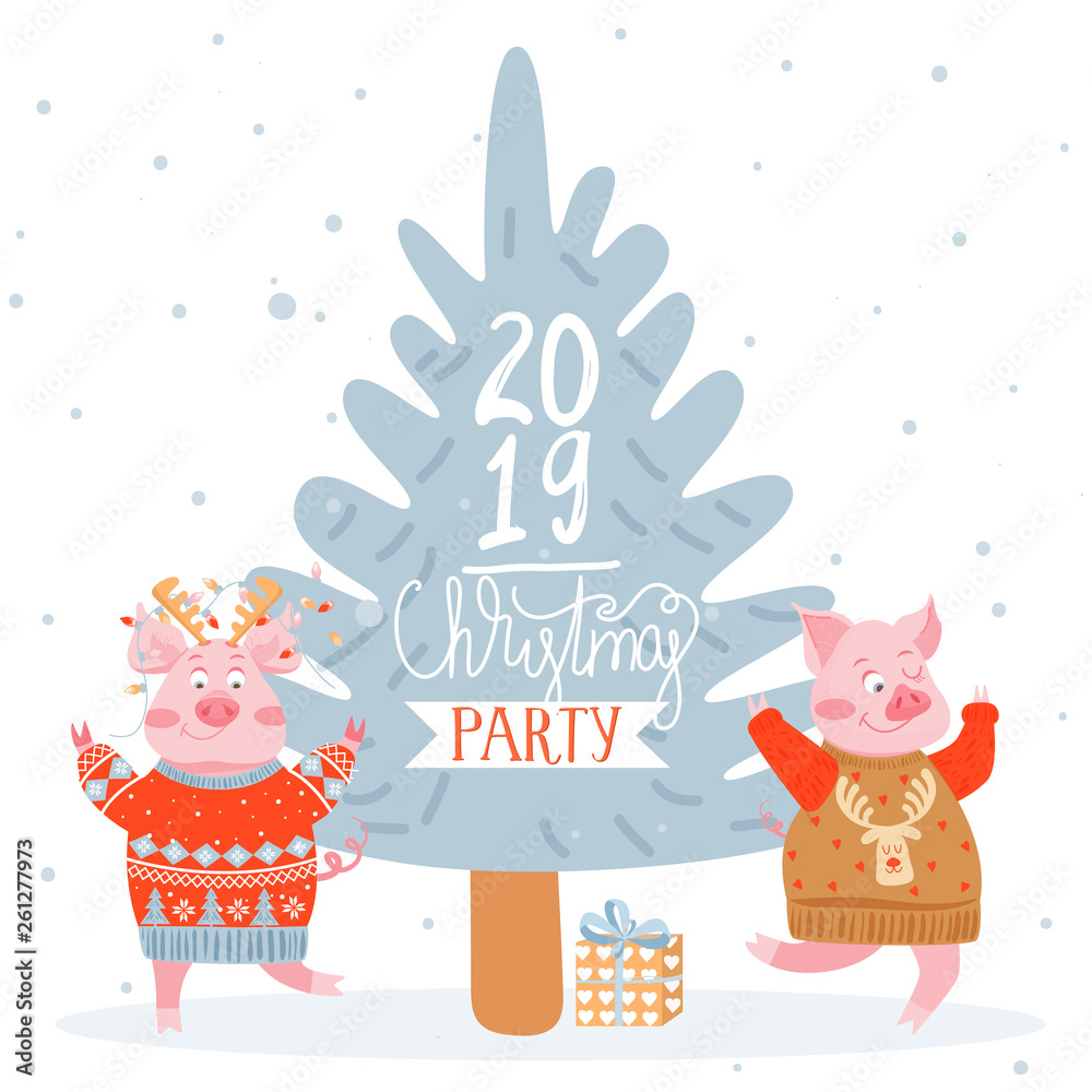 Fototapeta premium Christmas and Happy New Year greeting card with dancing pigs. Cute pigs dance at a Christmas party and celebrate the coming of the New Year. Vector illustration for postcard, poster, invitation, t-shi