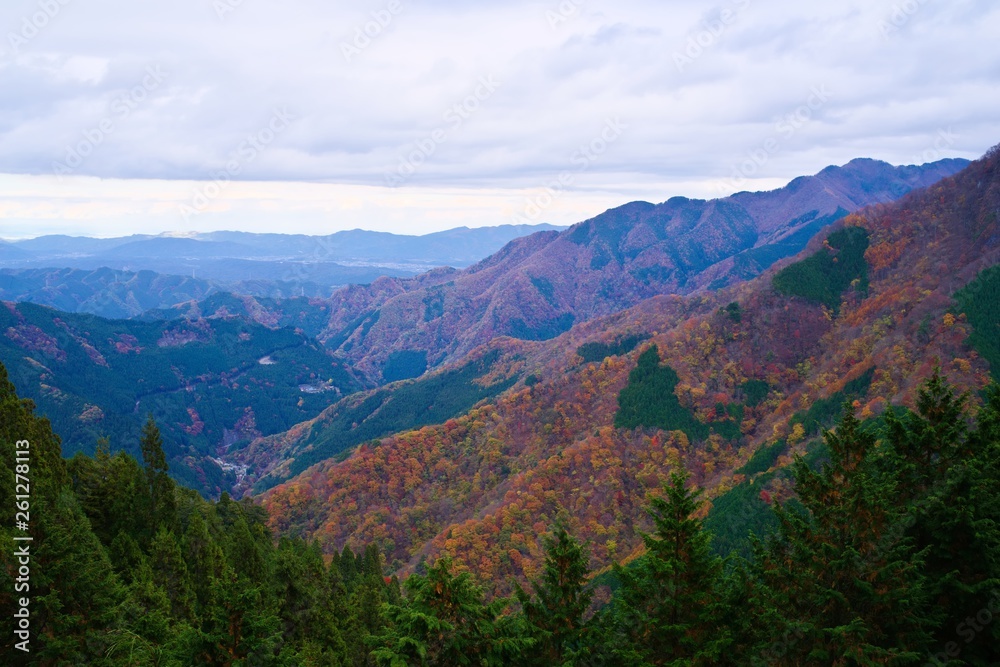 Panoramic view of the mountains in autumn season 