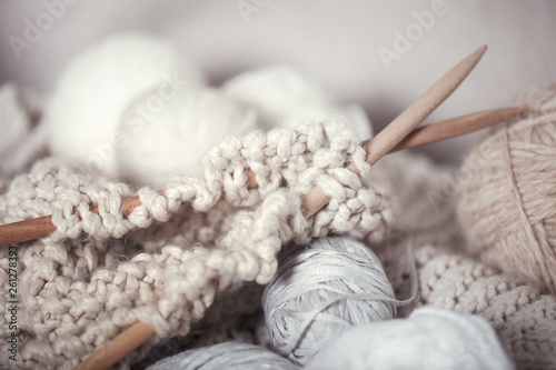 The macro concept of knitting wool and needles photo