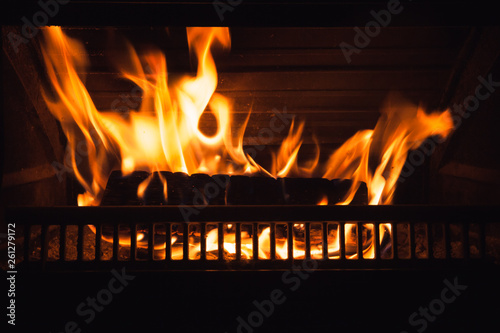 Firewood burns at night, close up