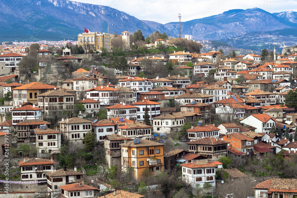Town perspective wide photo of old houses situated on the hill in Safranbolu, Turkey