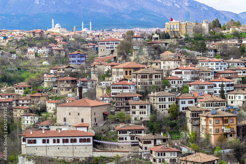 Town wide photo of old houses situated on the hill in Safranbolu, Turkey