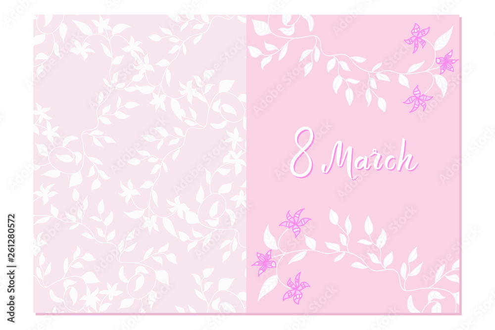 Gentle pink greeting card with hand written lettering and floral pattern. 8 march happy women's day quote. Soft postcard template. Vector illustration