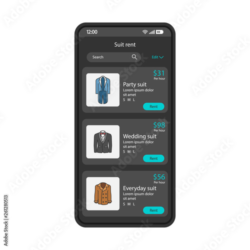 Clothes rent application smartphone interface vector template
