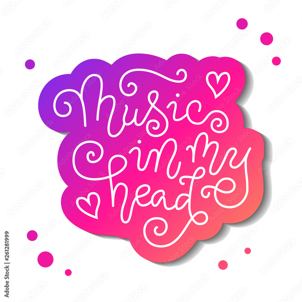 Modern calligraphy lettering of Music in my head in white with pink outline on white with dots