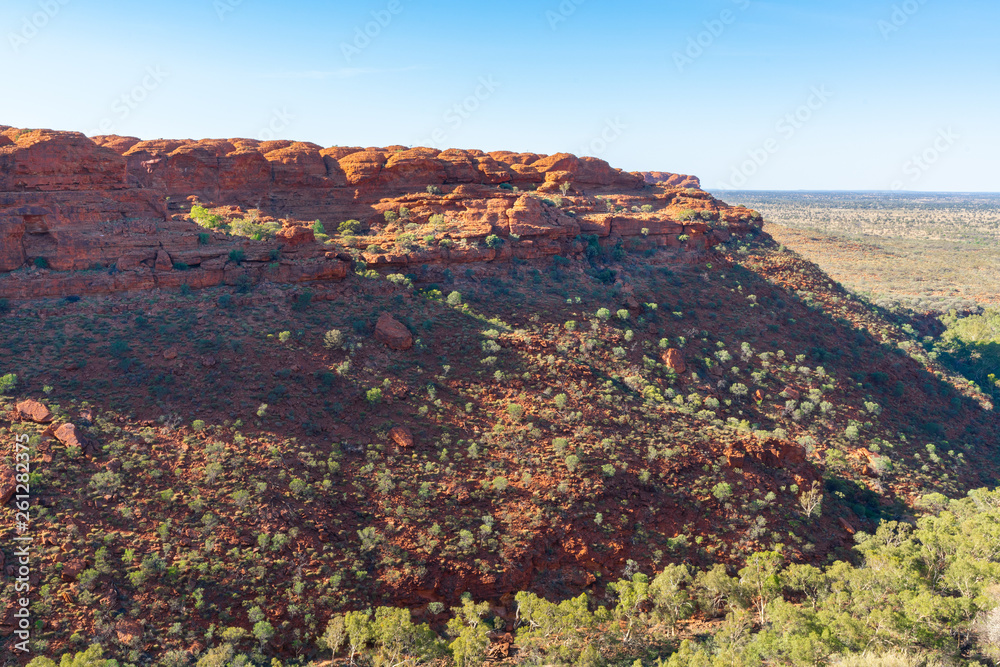 Kings canyon panorama showing red rocks and sandstone domes during the Rim walk in outback Australia