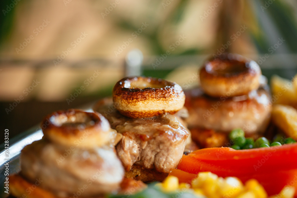 Close up of delicious food on brown table. Close up of delicious food on brown table.