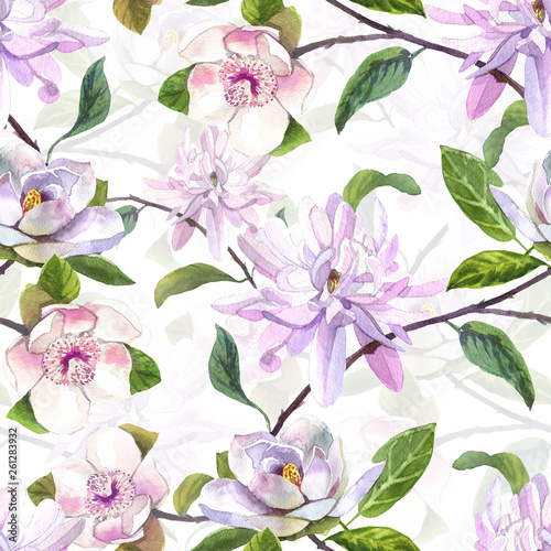 watercolor pattern magnolia flowers  white magnolia  pink and yellow magnolia seamless vintage pattern