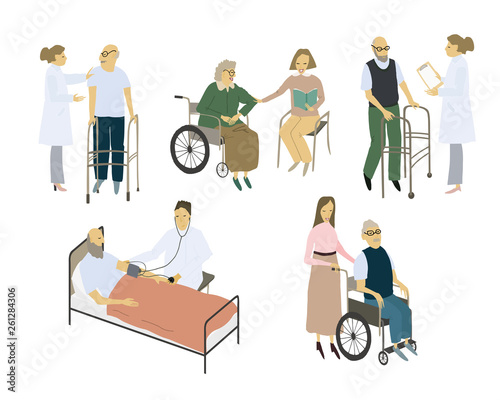 Stylized people set. Care for the elderly. Vector flat illustration.
