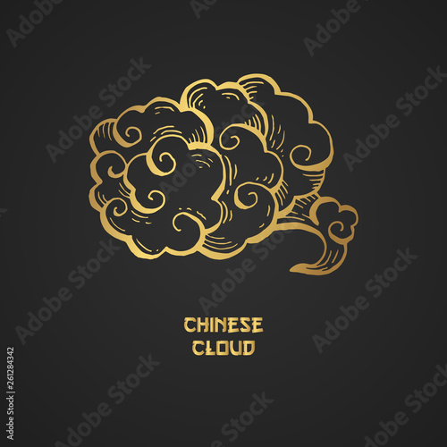 Golden Chinese Clouds hand drawn vector illustration. Overcloud Outline. Smoke black and gold abstract clipart. Chinese art drawing with engraving. Wind blowing. Isolated postcard design element photo