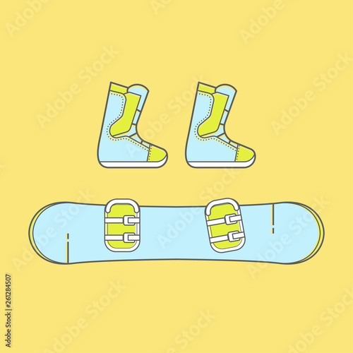 Snowboard Boots and binding packages. The vector set of equipment for snowboarding.  Snowboard gear