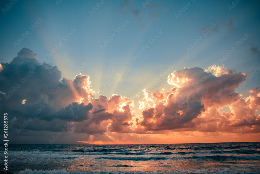 Beautiful sunset on the sea.Orange dawn on the sea