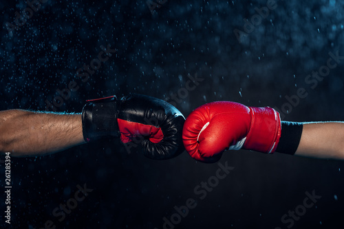 Partial view of two boxers in boxing gloves touching hands on black © LIGHTFIELD STUDIOS
