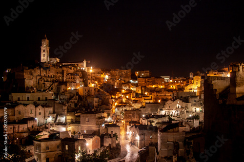 Matera skyline, panoramic view at night. European capital of culture, south Italy