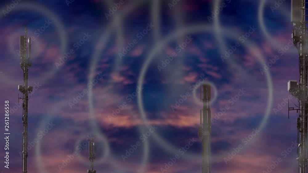 5G mobile internet technology poles with animated radio waves. The electricity waves cause headache and makes people ill. Electric smog is dangerous in residential areas