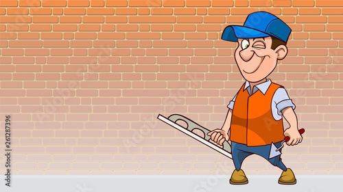 cartoon winking man in with tools for plaster wall