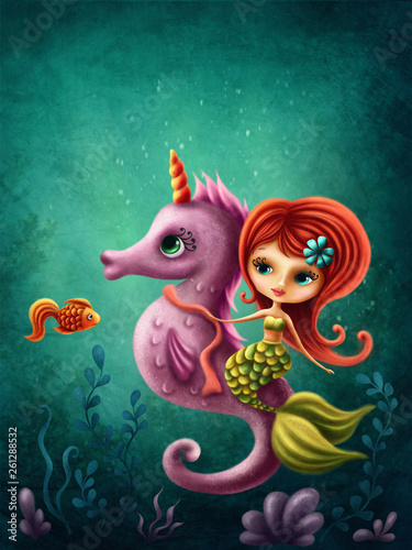Obraz na plátne Cute mermaid with a seahorse