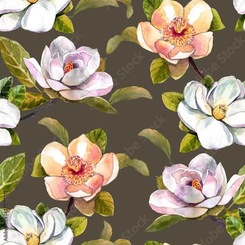 watercolor pattern magnolia flowers, white magnolia, pink and yellow magnolia seamless vintage pattern