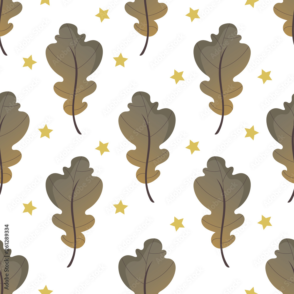 Seamless Scandinavian pattern with oak leaves in cartoon style.