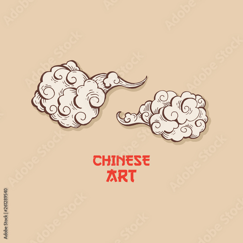 Golden Chinese Clouds hand drawn vector illustration. Overcloud Outline. Smoke brown and white abstract clipart. Chinese art drawing with engraving. Wind blowing. Isolated postcard design element photo