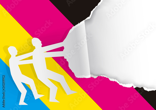Two Men ripped paper background with CMYK print colors.  Paper man silhouettes ripping paper with cmyk print colors. Concept for presenting color printing. Place for your text or image. Vector availab