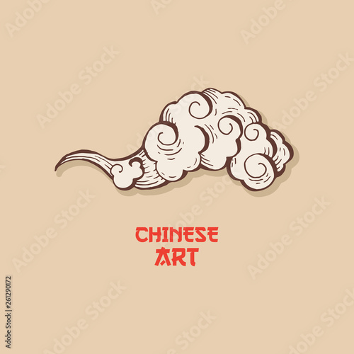 Golden Chinese Clouds hand drawn vector illustration. Overcloud Outline. Smoke brown and white abstract clipart. Chinese art drawing with engraving. Wind blowing. Isolated postcard design element photo
