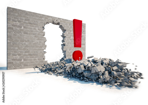 Exclamation mark breaks through concrete wall